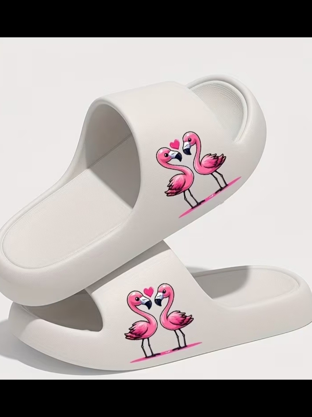 White Slide Sandals with Pink Flamingo Print
